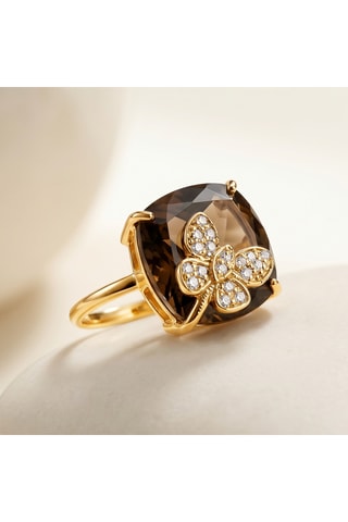 Bague - Or jaune, diamants et quartz fumé