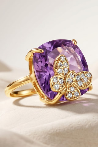 Bague - Or jaune, argent, diamants et améthyste