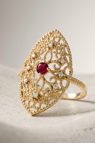 Bague - Or jaune, diamants et rubis