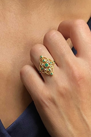 Bague - Or jaune, diamants et émeraudes