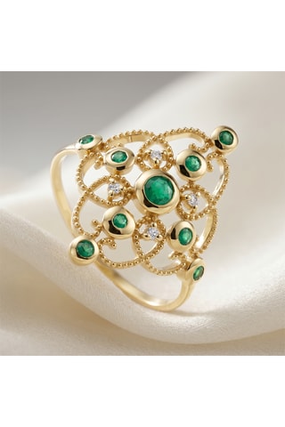 Bague - Or jaune, diamants et émeraudes