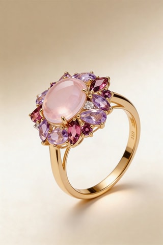 Bague Aïda - Or jaune, diamant, améthystes, rhodonite, nacre et perle de culture