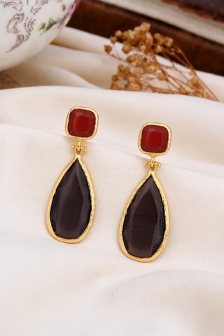 Boucles d'oreilles - Plaqué or jaune, onyx et œils-de-chat