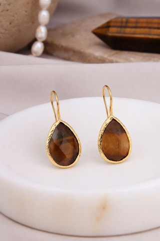 Boucles d'oreilles - Plaqué or jaune et œils-de-tigre