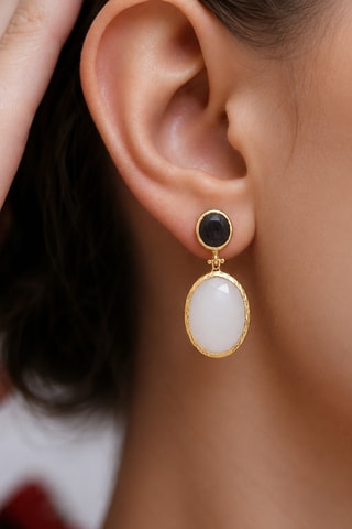 Boucles d'oreilles - Plaqué or jaune, onyx et pierres de lune