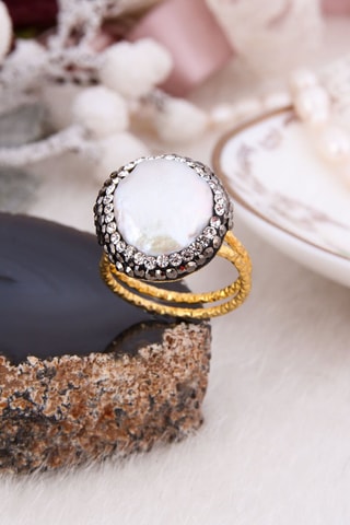 Bague - Bronze doré à l'or fin jaune, perles de culture, zircons et hématites