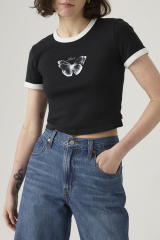 T-shirt cropped Graphic Mini Ringer Butterfly - Zwart
