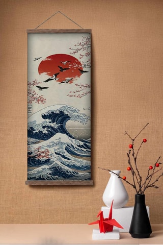 Adorno mural de madera maciza «La gran ola de Kanagawa» Hokusai - 30 x 90 x 2 cm - Multicolor