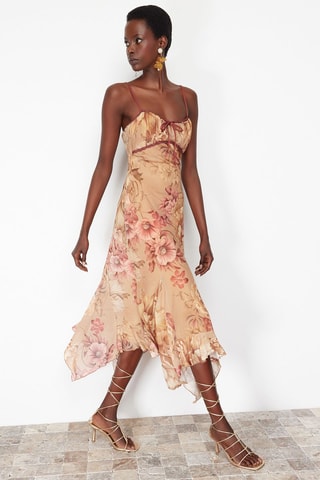 Robe midi - Blanc, beige et rose