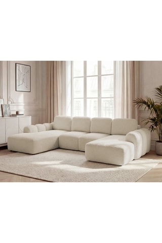 Canapé d'angle droit convertible Montaigne - Beige - 5 places - En tissu bouclette