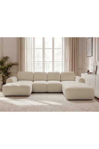 Canapé d'angle gauche convertible Montaigne - Beige - 5 places - En tissu bouclette