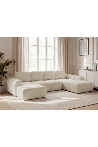 Canapé d'angle gauche convertible Montaigne - Beige - 5 places - En tissu bouclette