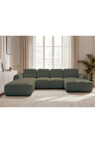 Canapé d'angle panoramique droit convertible - Vert olive - En tissu bouclette 