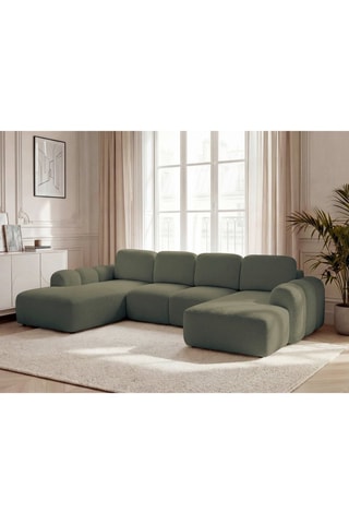 Canapé d'angle panoramique droit convertible - Vert olive - En tissu bouclette 