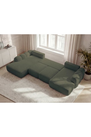 Canapé d'angle panoramique droit convertible - Vert olive - En tissu bouclette 