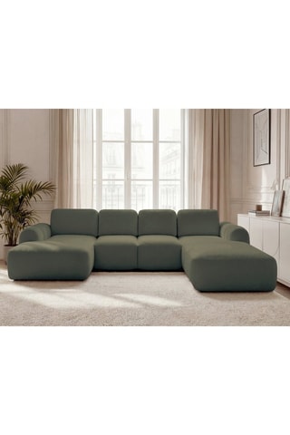Canapé d'angle panoramique gauche convertible - Vert olive - En tissu bouclette