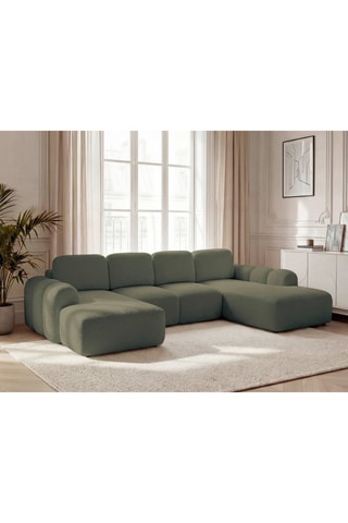 Canapé d'angle panoramique gauche convertible - Vert olive - En tissu bouclette