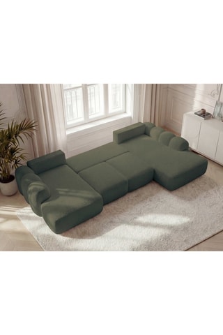 Canapé d'angle panoramique gauche convertible - Vert olive - En tissu bouclette