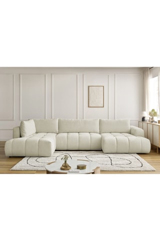 Canapé d'angle droit panoramique convertible Fugi - Beige - 5 places - Tissu toucher lisse - Couchage 324 x 135 cm