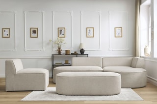 Canapé d'angle droit modulable, chauffeuse et pouf  Rousseau Beige
