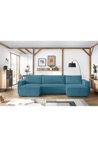 Canapé d'angle panoramique convertible Nihad - Bleu canard - Couchage 328 x 139 cm