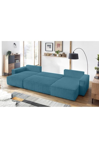 Canapé d'angle panoramique convertible Nihad - Bleu canard - Couchage 328 x 139 cm