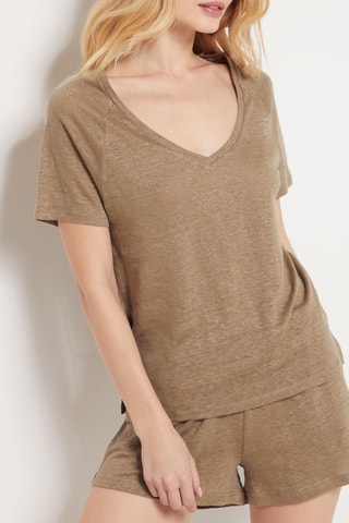 Linnen Pyjamashort met Hoge Taille - Lichtbruin