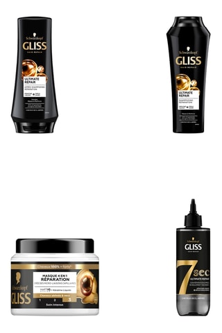 Routine Réparation - Shampoing Ultimate Repair Gliss - Cheveux secs et abimés - 250 ml, Après-shampoing réparation Gliss Ultimate repair - 200 ml, Masque 4-en-1 Réparation Gliss Schwarzkopf - Cheveux secs et abimés - 400 ml, Soin réparateur 7sec SOS Ultim