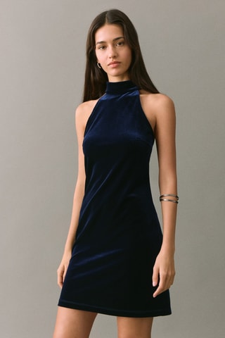 Robe en velours à col halter - Bleu marine