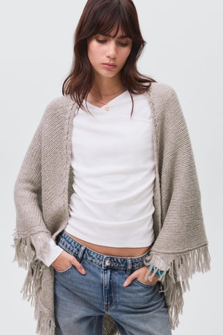Poncho en maille à franges - Gris clair