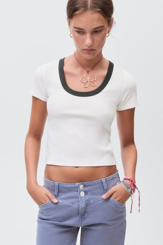 T-shirt coton col contrastant - Blanc