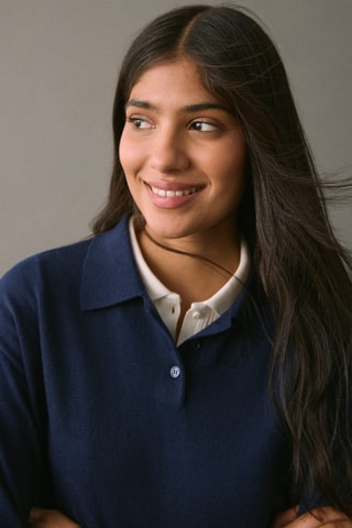 Pull-over maille col polo - Bleu marine