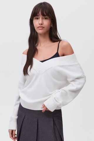 Pull-over maille col en V - Blanc