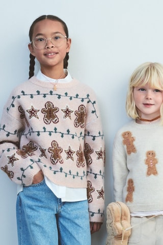 Pull-over maille imprimé de Noël - Beige