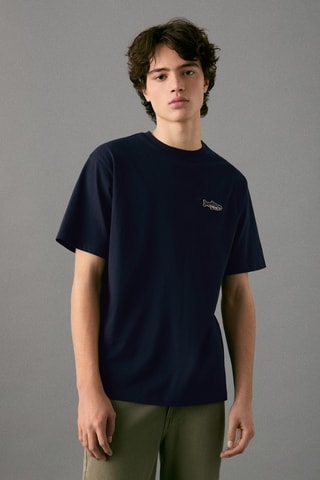 T-shirt en coton avec broderie poisson - Bleu marine
