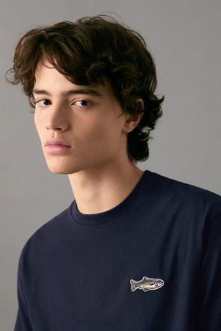 T-shirt en coton avec broderie poisson - Bleu marine