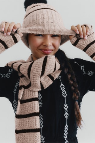 Bonnet en maille à rayures - Beige