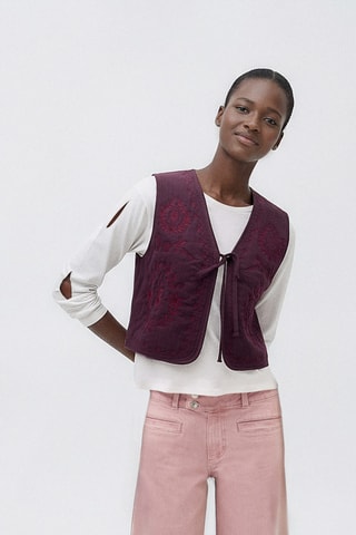 Gilet broderie fleurs - Bordeaux