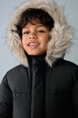 Anorak matelassé capuche imitation fourrure - Noir