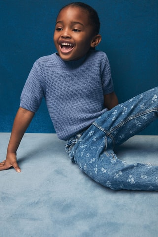 Pull en maille de coton manches courtes - Bleu