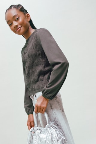 T-shirt froncé manches longues - Anthracite