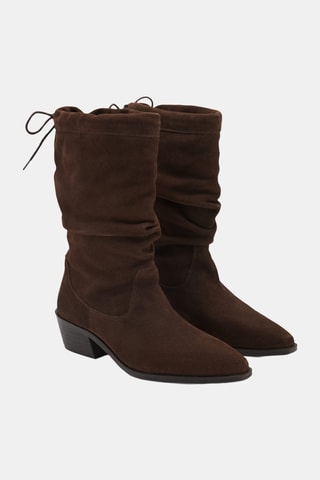 Bottes hautes cuir détail froncé - Marron
