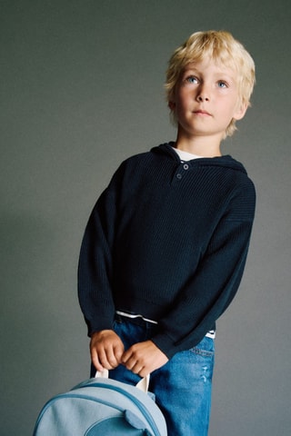 Pull-over maille capuche - Bleu marine