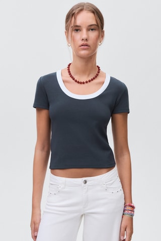 T-shirt coton col contrastant - Bleu marine