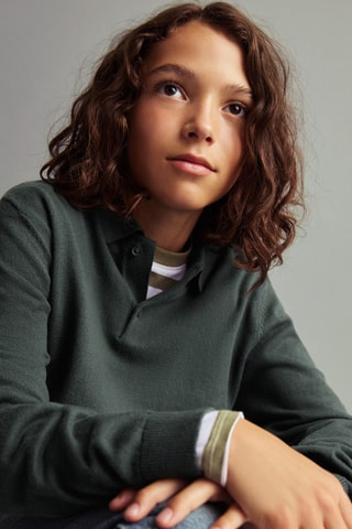 Pull-over maille col polo - Vert foncé