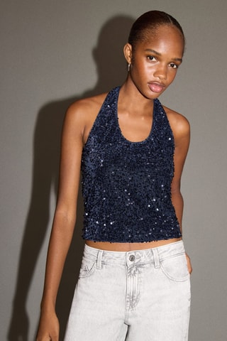 Top emmanchures américaines sequins - Bleu marine