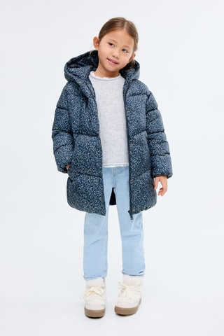 Anorak long matelassé à fleurs - Bleu marine