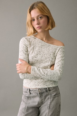 T-shirt jaspé col asymétrique - Écru