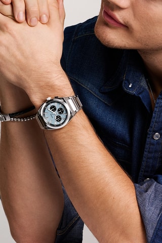 Montre à quartz en acier - Chronographe - Argenté et bleu clair