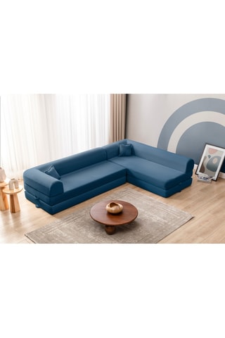 Canapé d'angle droit convertible - Bleu - 4 places - En tissu velours côtelé